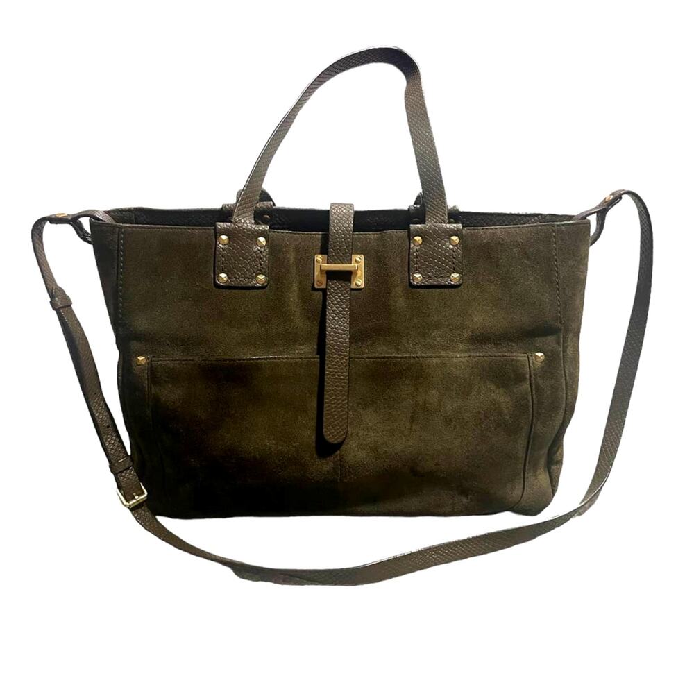 Henri Bendel Cortlandt St Satchel Suede Leather Green Brwn Shoulder Bag MSRP$450